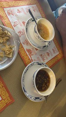 Top: egg drop soup, bottom: hot and sour soup