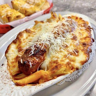 Baked penne bolognese with Italian sausage