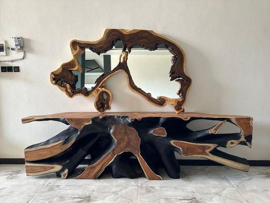 Extra large organic teak root console with an amazing teak mirror