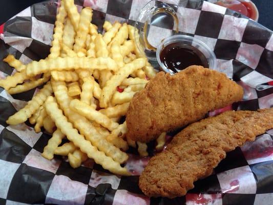 Chicken Strip basket with crinkle cut french fries.