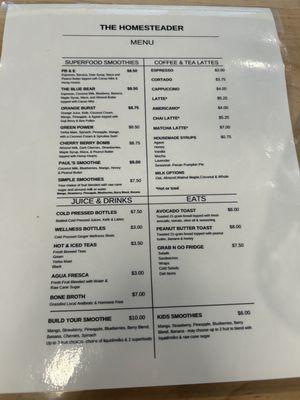 Juice, smoothie, food, and coffee menu