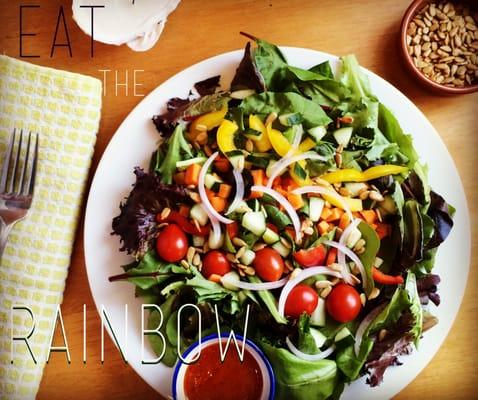 The Rainbow: Mixed Greens, Carrots, Cherry Tomato, Cucumbers, Peppers, Red Onion, & Sunflower Seeds w/ Tomato-Sweet Onion Vinaigrette