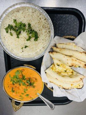 Garlic naan chicken tikka massala and rice