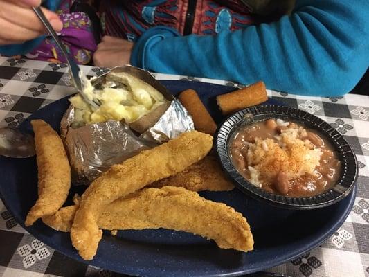 Fried catch fish platter with baked potato