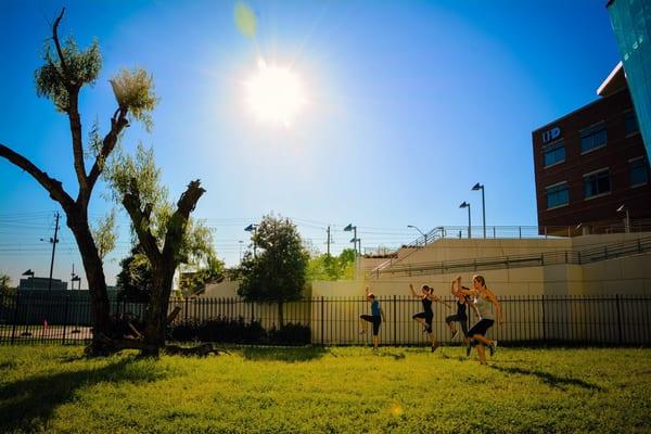 Warming up in our private fenced in field before going inside to the studio to work a circuit.