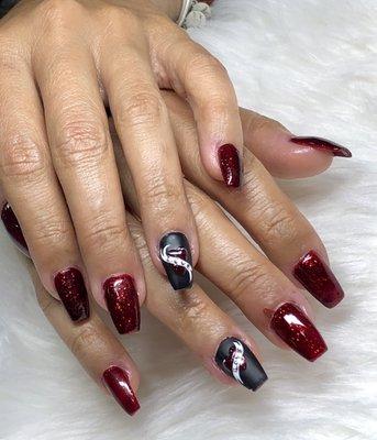 Full acrylic set using forms, coffin shape, gel color w/a design LOVE IT!!!!!