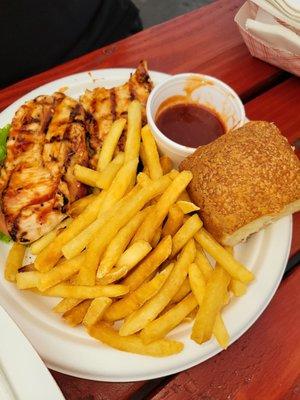 Really good bbq chicken and fries with with roll