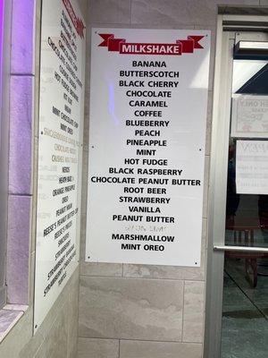 Milkshake menu