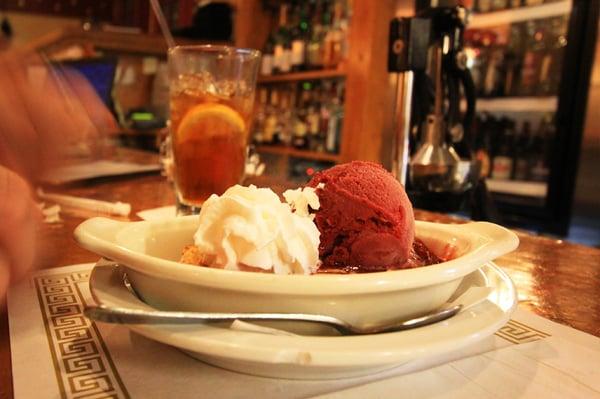 rhubarb and strawberry pie with strawberry sorbet