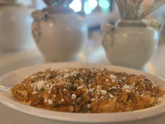 Mykonos Seafood Youvetsi  Orzo in a tomato sauce w/ shrimp & calamari!