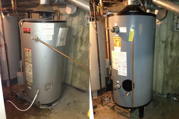 Emergency replacement of a commercial water heater in a 64 unit condominium building.