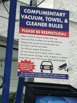 Free vacuum and cleaning stations rule signage