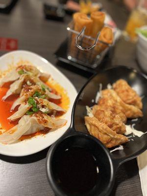 IG: @foodie__fe : chili dumplings, fried wontons, & fried spring rolls in the back