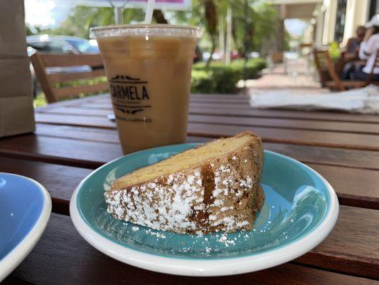 Iced hazelnut coffee with coffee cake