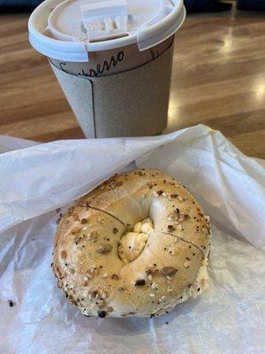 Everything mini bagel with lite vegetable cream cheese and decf coffee