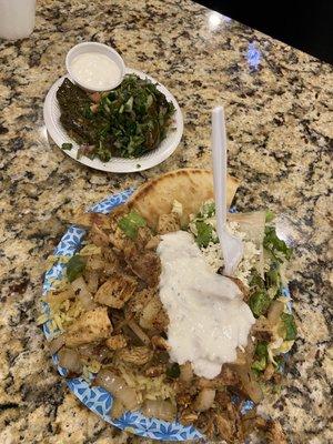 Chicken tender platter, Grape Leaves