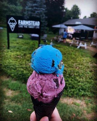 Cookie Monster and Black Raspberry on a midnight vanilla cone