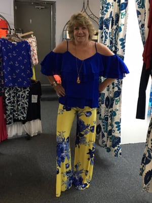 Beautiful royal blue chiffon top and  Poly/spandex pants!