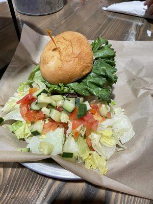 Made to order burger with best gluten-free bun she ever had