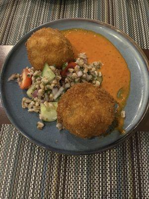 Salmon Croquettes appetizer w/couscous and red pepper reduction