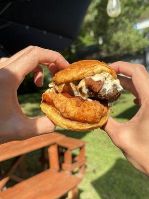 Barnyard Burger: beef burger, chicken strip, bacon, fried egg, cheese