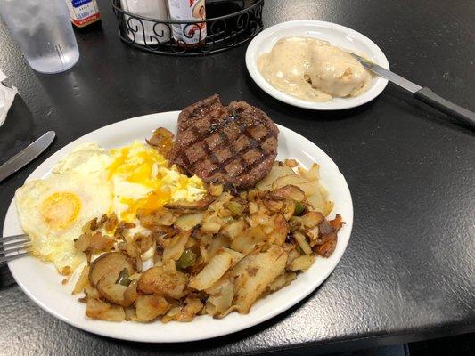 Steak and eggs, bring an appetite.