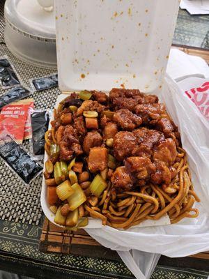 Combo plate with Chow Mein, kung Pao chicken and orange chicken