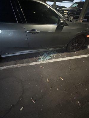 Broken Glass in complex parking lot from car burglary