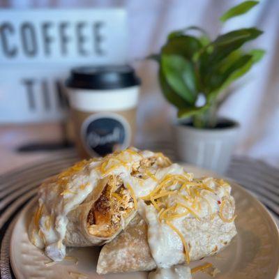 Chorizo Burrito with Green Chile inside & Sausage Country Gravy on the outside.