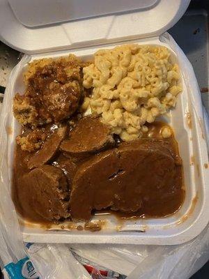 Meatloaf with Mac and cheese with dressing.