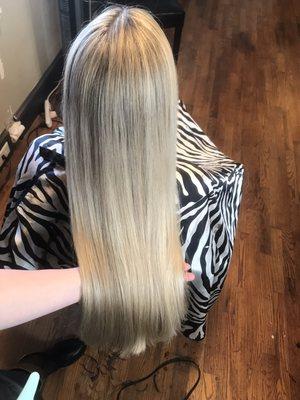 A full highlight on previously lightened hair