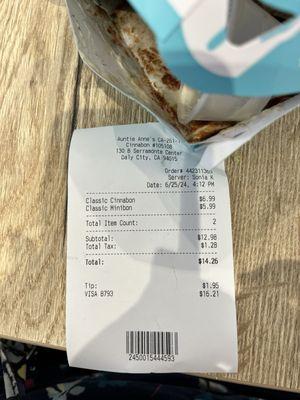 My receipt.  I ate the whole Cinnabon!  Brought one home to my hubby.