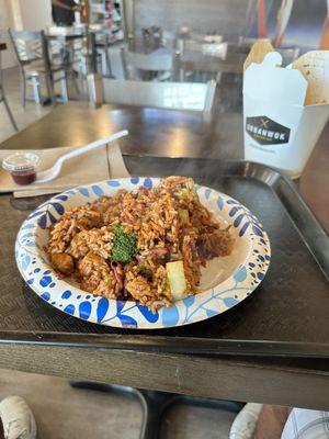 Chicken and veggies with brown rice.