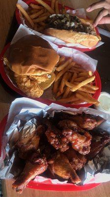 Philly Cheese Sandwich, bbq wings, zinger burger