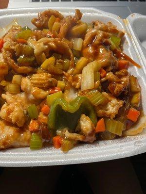 Diced chicken and cashew (I asked for no cashews and added $1.50 veggies). Chicken is not diced but it is still good.