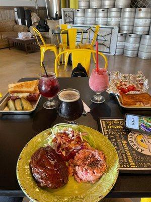 Frozen sangria, red sangria and amber ale from the brewery. Food from the Cafe next door