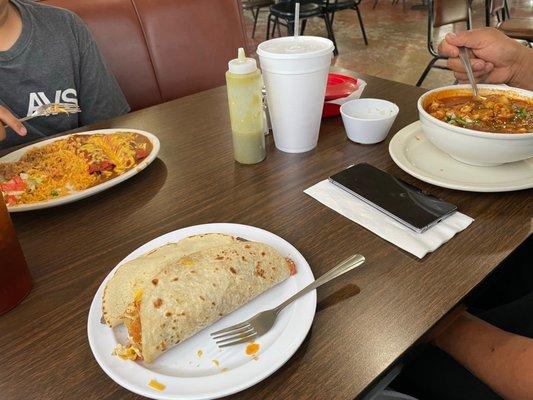 Chicken Enchilada Lunch Plate, Menudo, asada taco, Chilaquiles Taco.