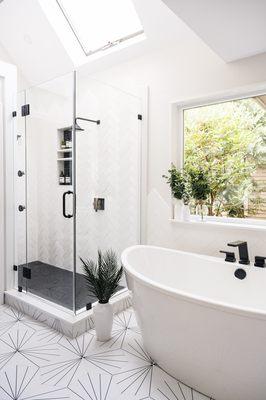 Modern primary bathroom renovation in Framingham