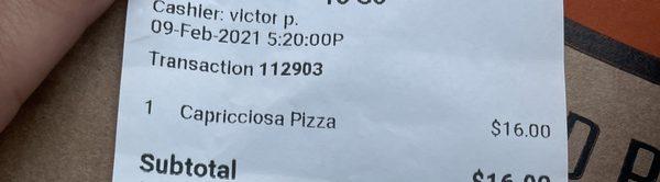 Capricciosa Pizza. Rude cashier. Pizza was missing toppings