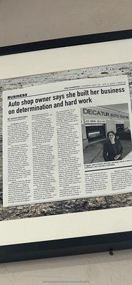 Clipping of a news write up favoring the shop.