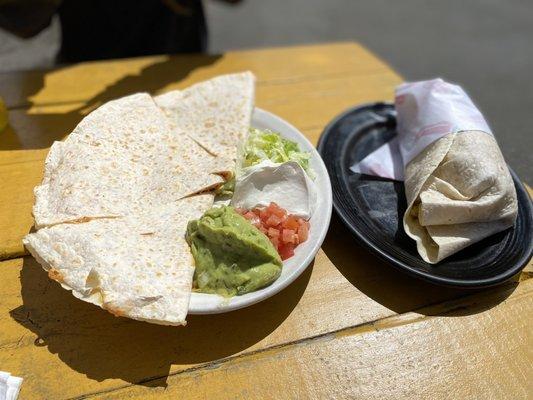 Chicken quesadilla & Chicken burrito.