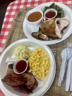 Brisket sausage chicken turkey  Potato salad, mac & cheese, green beans, pinto beans