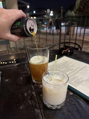 Peanut butter banana drink and beer on patio