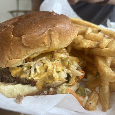 Premium Pulled Pork Sandwich with fries