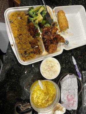 All of this for $20! I got the C1. General Tso's Chicken Combo Platter add extra veggies, egg drop soup and a shrimp roll.