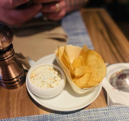 Complimentary house chips with dip... very yummy