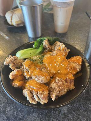 Chicken karaage rice bowl. Great spice/heat, crunch, and layers of flavor.