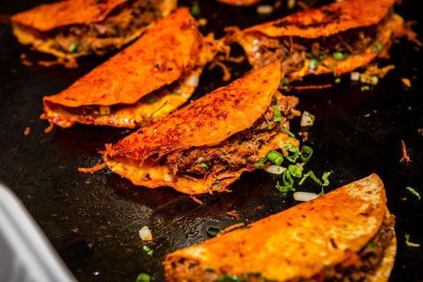 birria de res tacos, on single-origin corn tortillas.