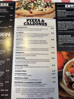 Menu with pizza and calzones