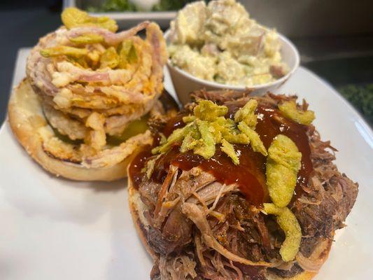 Pulled Pork Sandwich with Crispy Fried Onions and Potato Salad